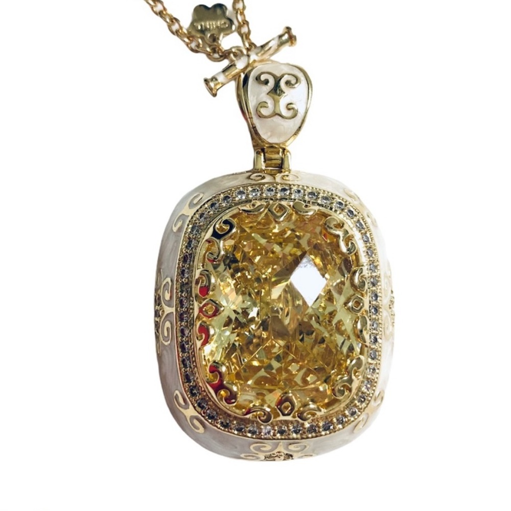 NWB NWT Lauren Adams Necklace Long Pendant Cream Enamel Gold CZ Vintage Elegant - Picture 10 of 13
